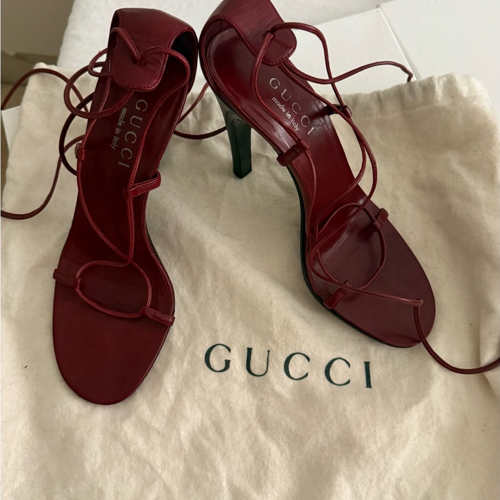 Gucci Burgundy Leather Lace-Up Stiletto Sandals